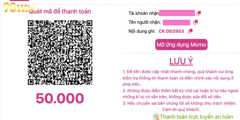 Chọn hình thức nạp tiền 98WIN